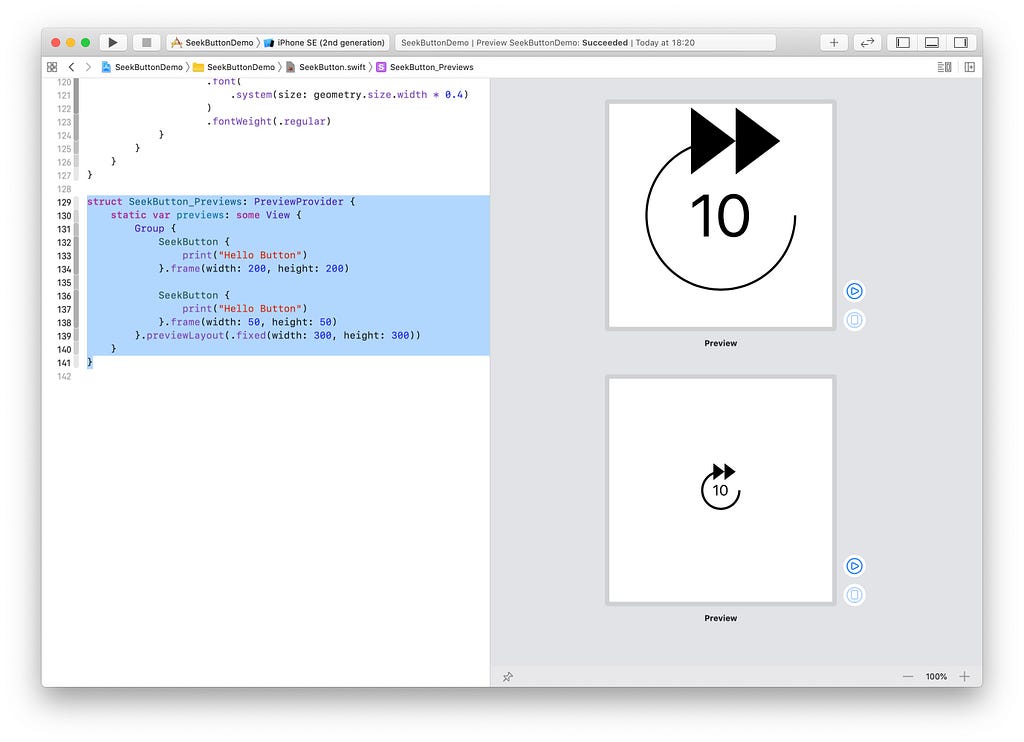 Xcode’s canvas showing two previews of the seek button with different sizes.