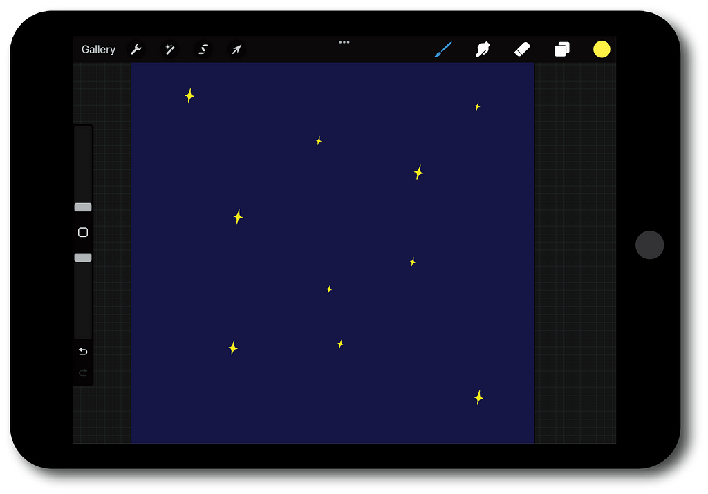 An iPad screen with an art piece showcased through the Procreate app of a navy blue background and gold stars