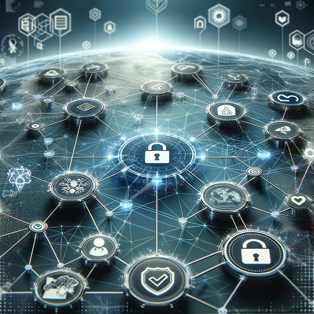 image representing Trust Over IP, featuring a digital network with interconnected nodes, digital certificates, encrypted data, and verified user identities. The background includes a subtle, futuristic digital landscape with a blue and silver color scheme.