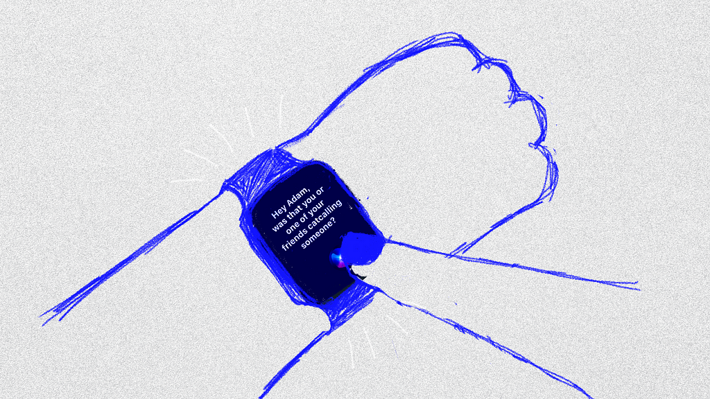 A blue and gray illustration of someone checking their apply watch. On the watch is a message from series asking if the person catcalled someone.