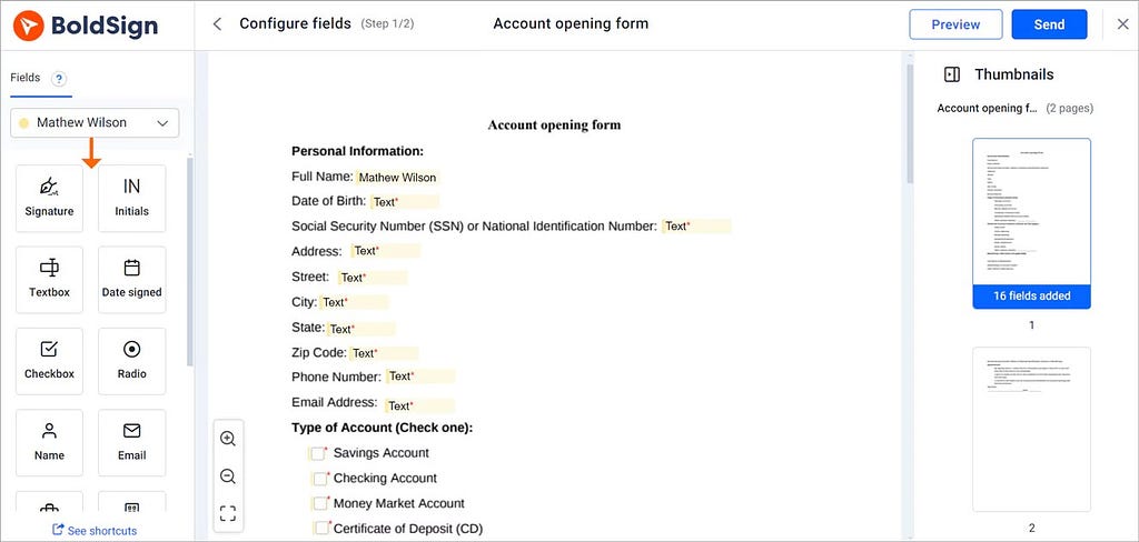 Configure fields page