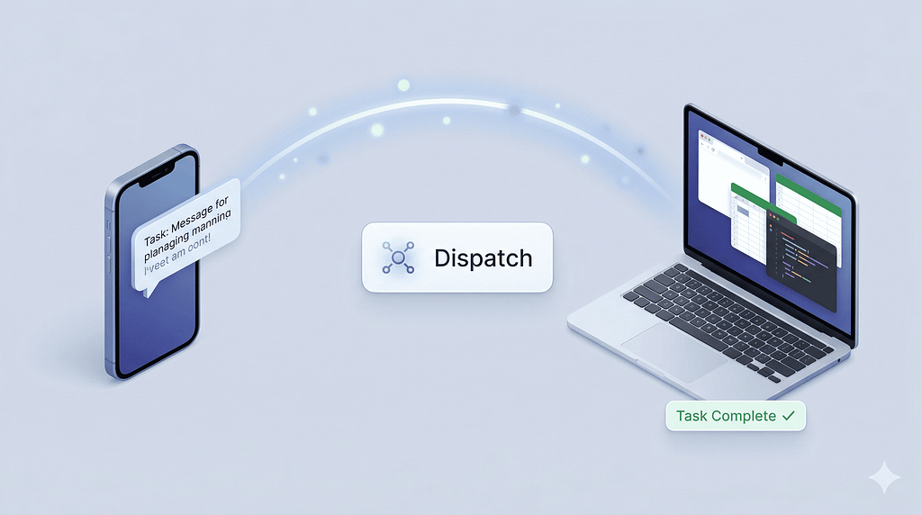 Claude Dispatch workflow — task assigned from iPhone flows through Dispatch relay to MacBook desktop, completing browser, spreadsheet, and code tasks automatically