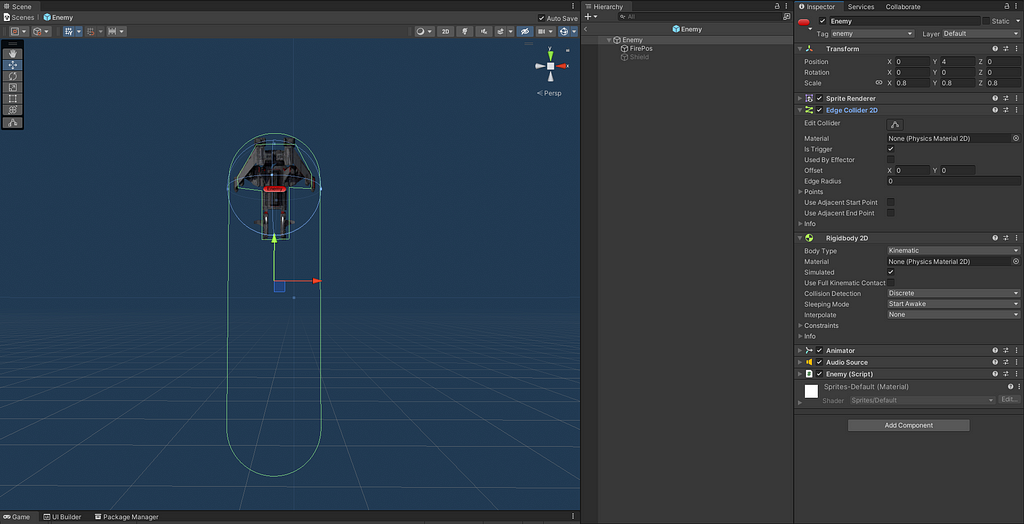 Unity editor showing the collider and the components of the enemy game object.