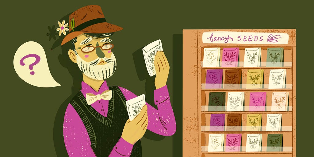 Illustration of a dapper man with a beard looking over two seed packets. There’s a display next to him with many seed packets and he has a speech bubble with a question mark.