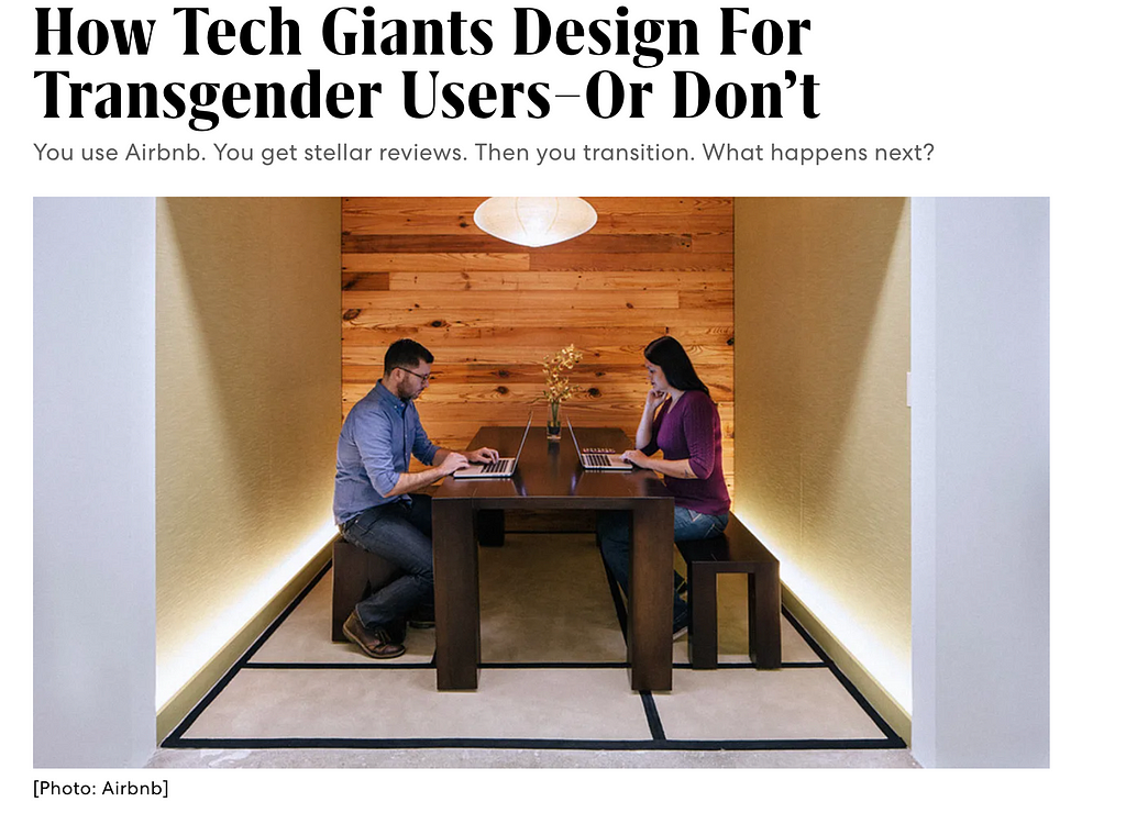 Photo of two people working at an Airbnb office. Headline “How tech giants design for transgender users — or don’t”