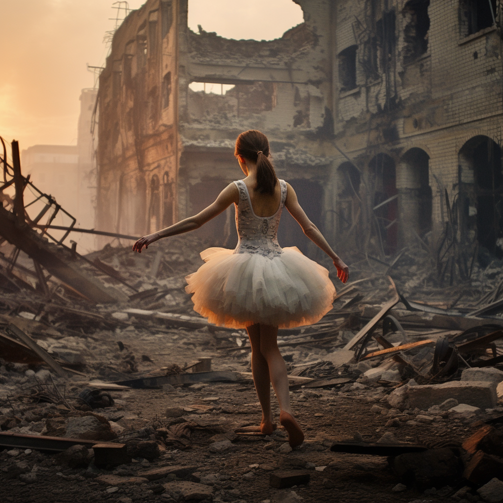 A ballerina gracefully dances amidst the devastation of a war zone in Ukraine. Destroyed buildings stand as haunting reminders. This scene, captured by a war photographer, juxtaposes the elegant beauty of the ballerina’s movements with the harsh and horrible reality of war. Medium: War photography. References: Inspired by the works of James Nachtwey, Don McCullin, and Susan Meiselas.