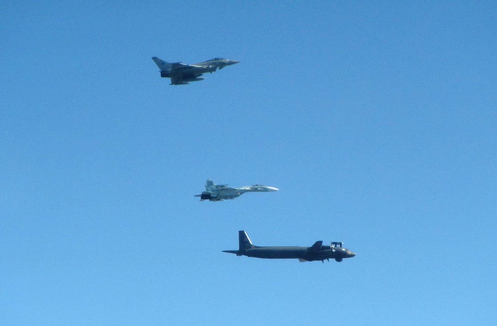 RAF Typhoon intercepting a Russian IL-38 May and SU-27 Flanker B aircraft in Baltic Sea area (30th July 2020).