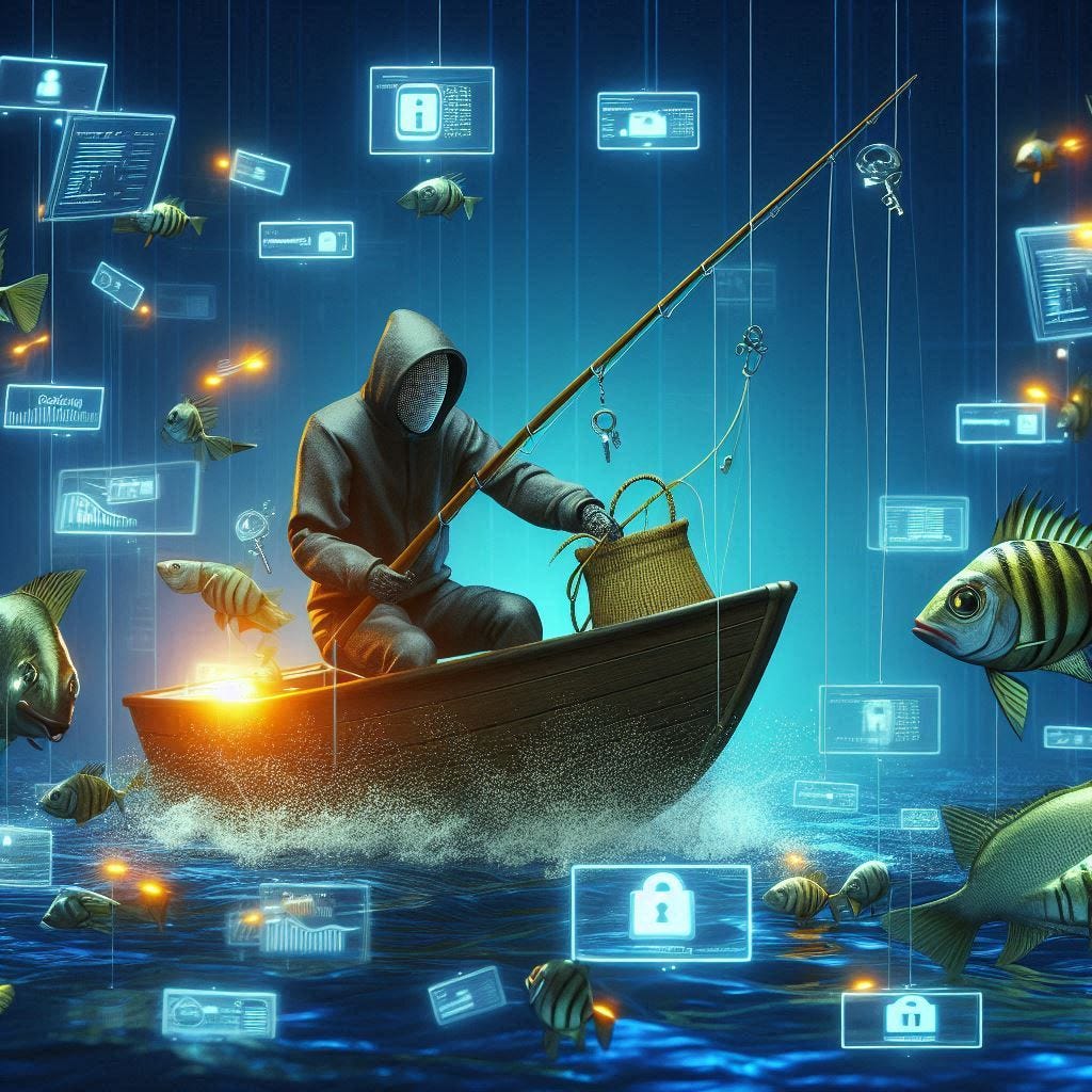 “A digital illustration of a scammer phishing for personal data. The scammer, depicted as an angler, is standing by a data lake, casting a fishing line. Instead of fish, various data icons and symbols, representing victims’ information, are hooked on his line, resembling a successful catch.”