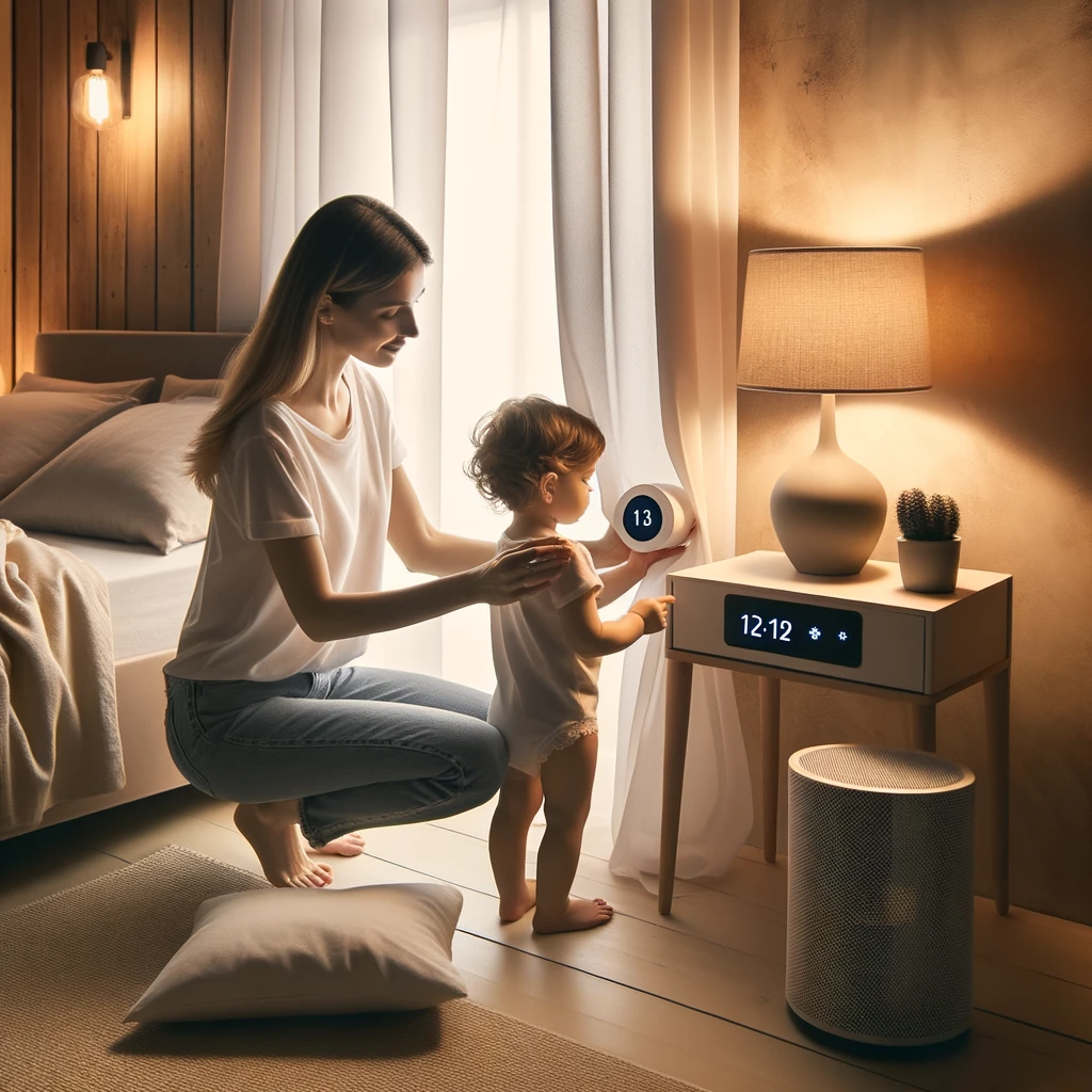 Mother and toddler collaboratively setting up a cozy bedroom, emphasizing elements for a sound sleep environment