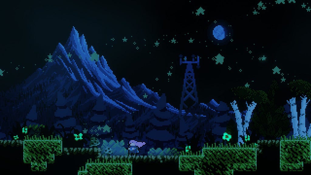 A screenshot of the map A Gift from the Stars. Madeline stands in a field at night, as a dark pine forest and moonlit mountains glow in the distance. There is a satellite tower with red lights poking above the forest as well.