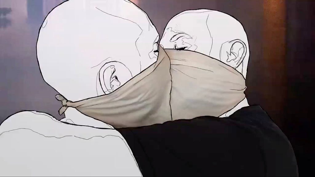 digital illustration of two people with bald heads wearing bandana face masks and kissing