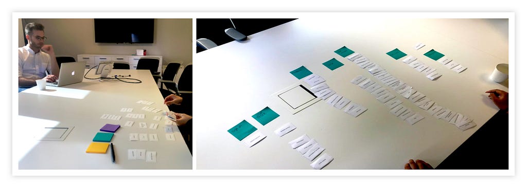 A photo of a table of cards during a cardsorting study.