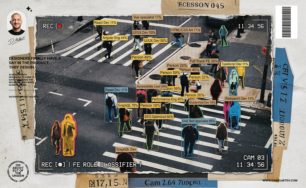 Street crossing scene overlaid with AI-style labels identifying roles and percentages, visualizing how systems classify people and reduce complexity into data.