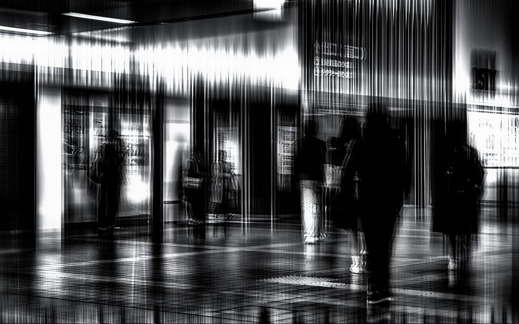 A black-and-white image of people moving through a contemporary urban station, with blurred vertical light trails suggesting flow, complexity and modern city experience.