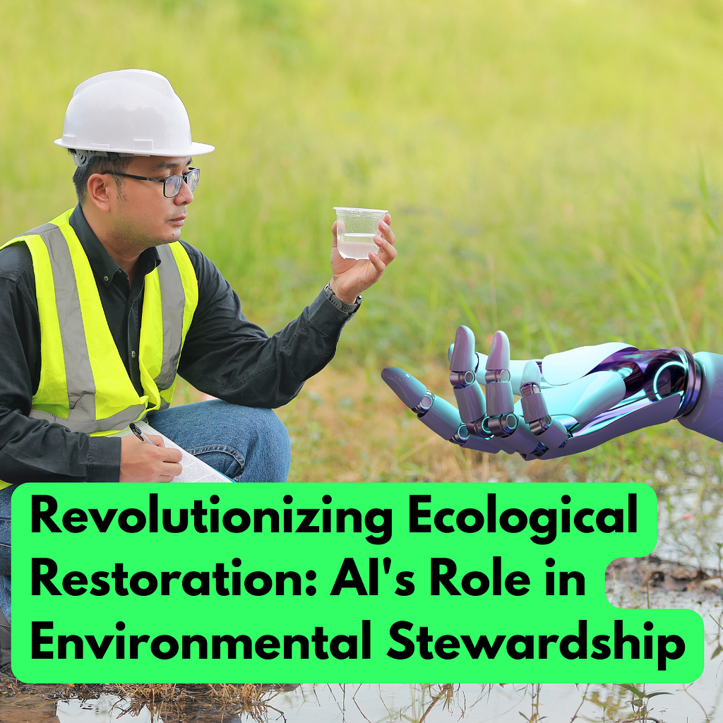 ChatGPT A person wearing a hard hat and high-visibility vest examines a clear container of water while kneeling in a grassy field. A robotic arm extends towards them, symbolizing the integration of AI in environmental work. The image is overlaid with the title “Revolutionizing Ecological Restoration: AI’s Role in Environmental Stewardship” in bold green text.