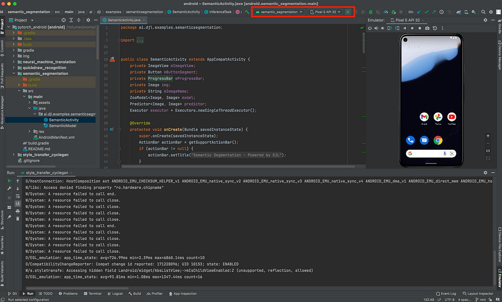 Android Studio IDE showing where the “run” button is