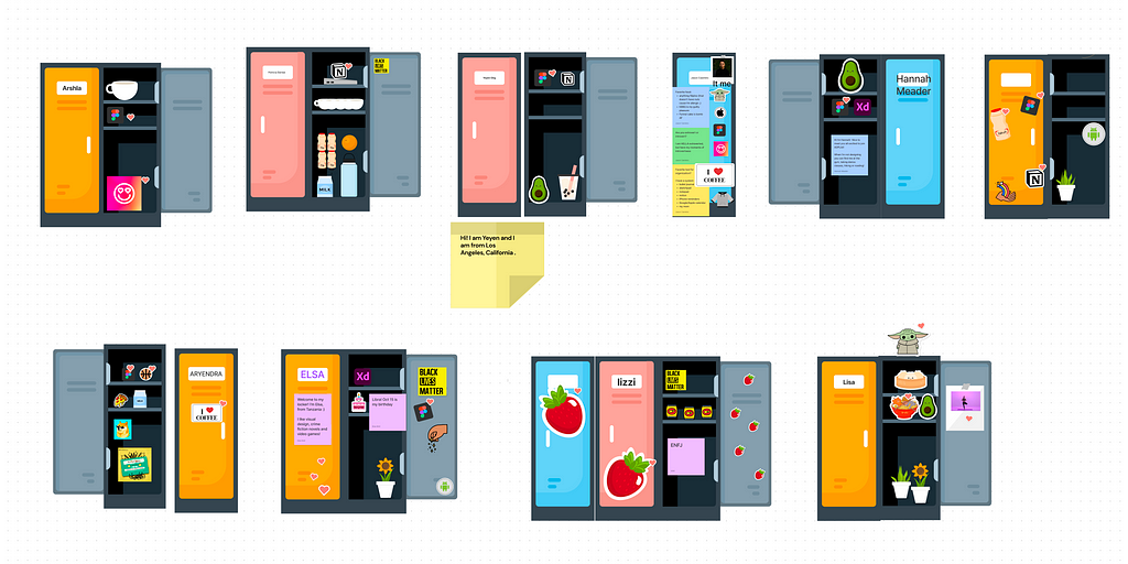 Screenshot from Figjam file showing us customizing personal lockers during our first ambassador meeting
