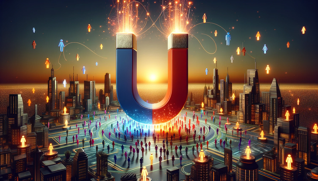 A glowing neon magnet in the center of a futuristic digital cityscape at dusk. The magnet, radiating a powerful aura, attracts diverse, colorful, semi-transparent figures representing people from various walks of life, floating towards it. The city below blends modern and futuristic architecture, illuminated by the warm hues of sunset, symbolizing innovation and connectivity.