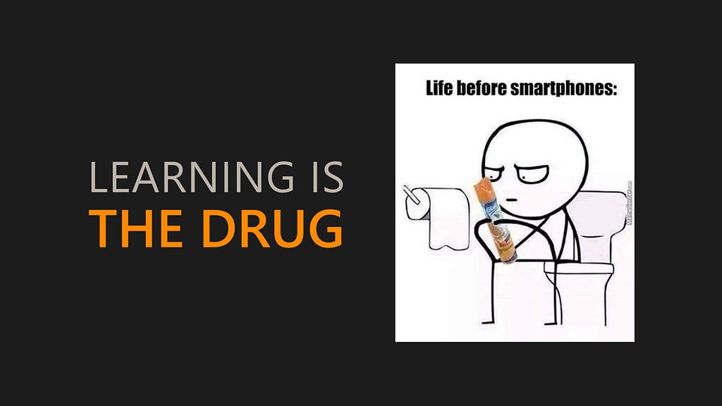 Meme. A cartoon character sits on a toilet, holding and intently reading the label of an air‑freshener bottle. Above the scene is the caption “Life before smartphones.”