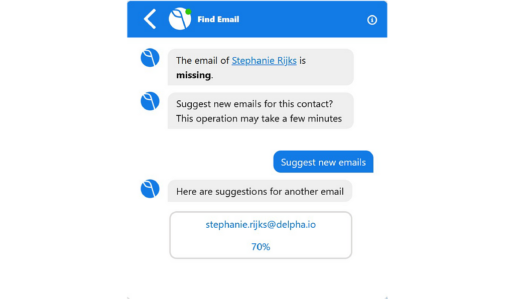 A Delpha conversation showing how end users can find missing emails for contacts inside Salesforce