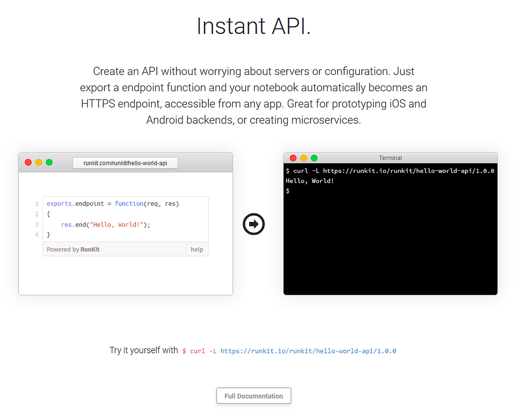 Runkit’s instant API feature described on their home page.