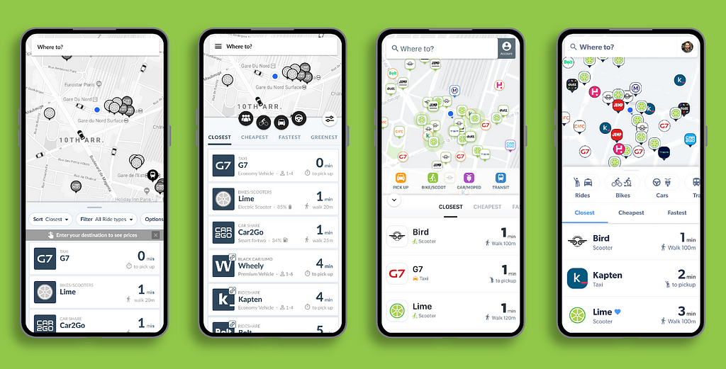 Four screenshots from mobile devices showing the iteration of our designs for the Migo app. As the screens progress left to right, we see increased fidelity of the designs and adjustments to the layout and interactions as a result of our validation sessions.