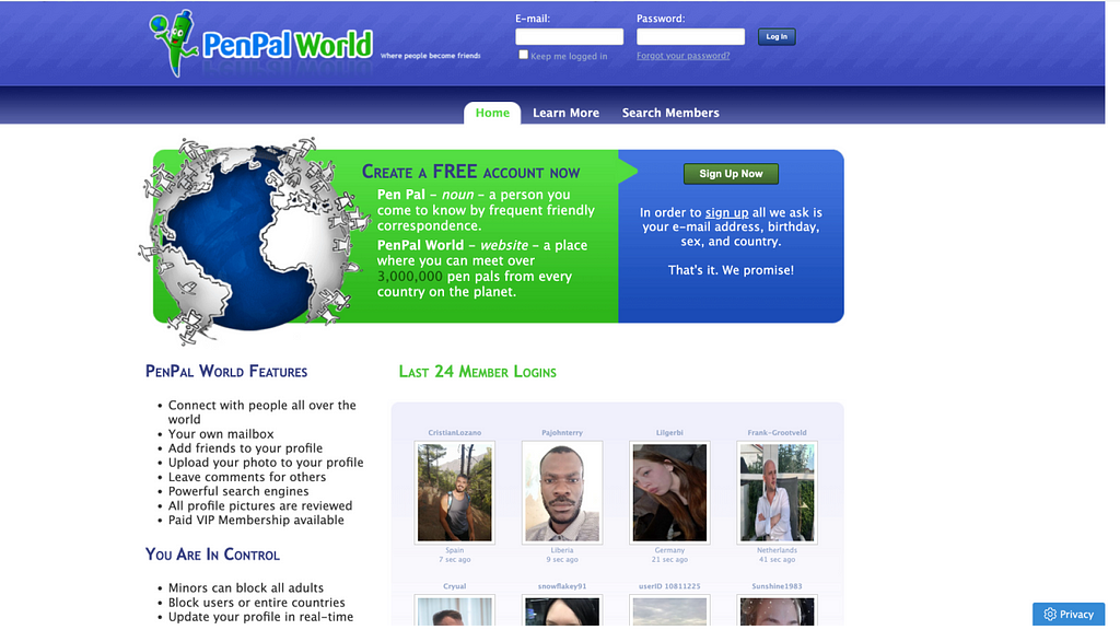 A screenshot of the original website’s homepage, PenPal World.