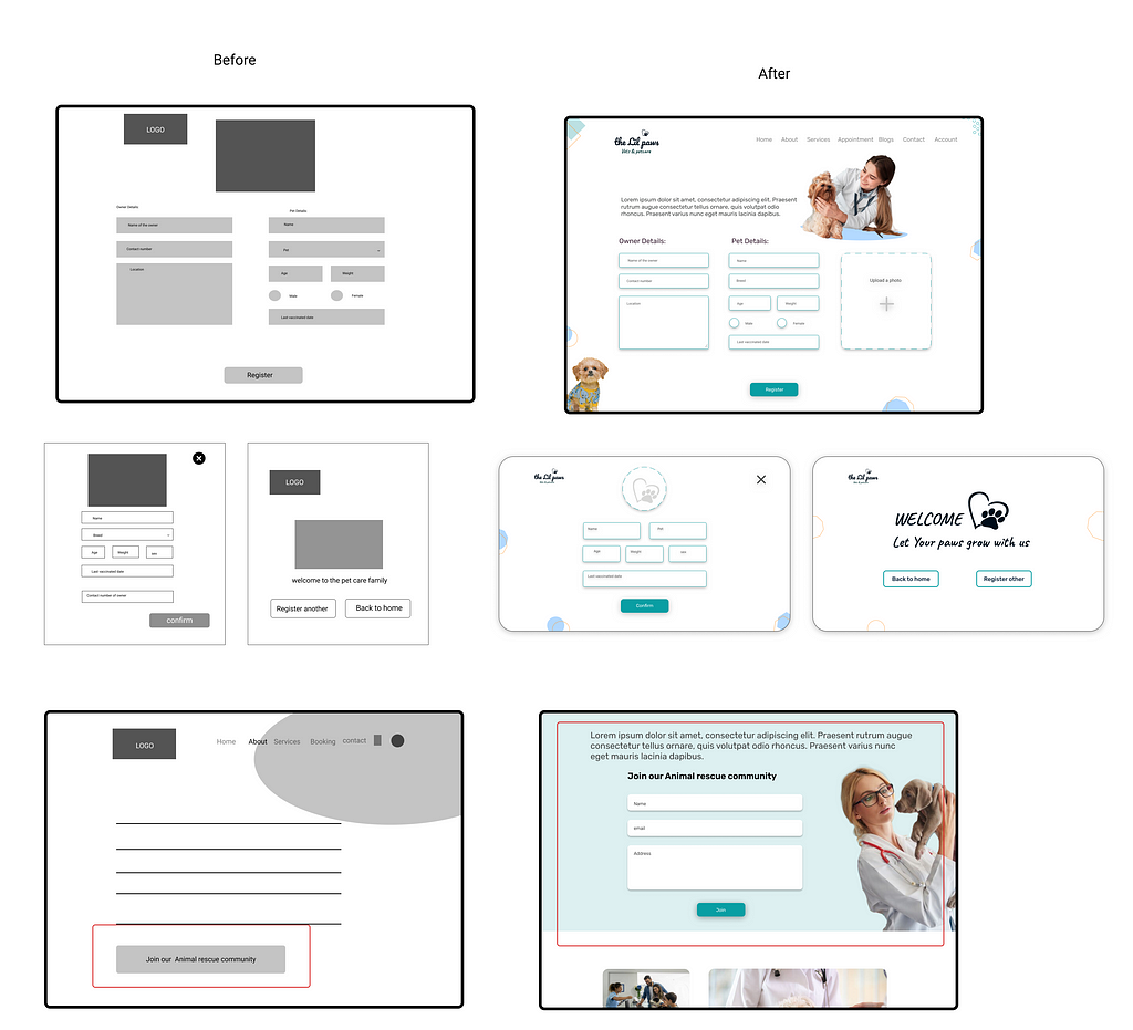 Image of design changes from wireframe to mockup