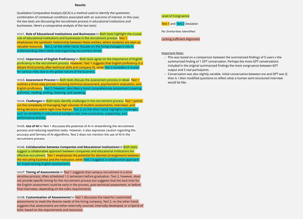A comparison of two data sets visualizing eight themes. Themes are color-coded: yellow for full alignment (5 themes), red for partial alignment (2 themes), and white for no alignment (1 theme).