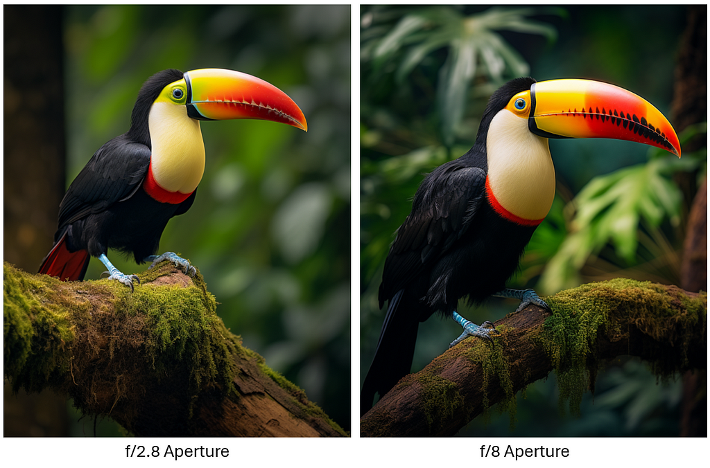 Variation in Midjourney-generated images of a toucan in a rainforest, for apertures f/2.8 & f/8