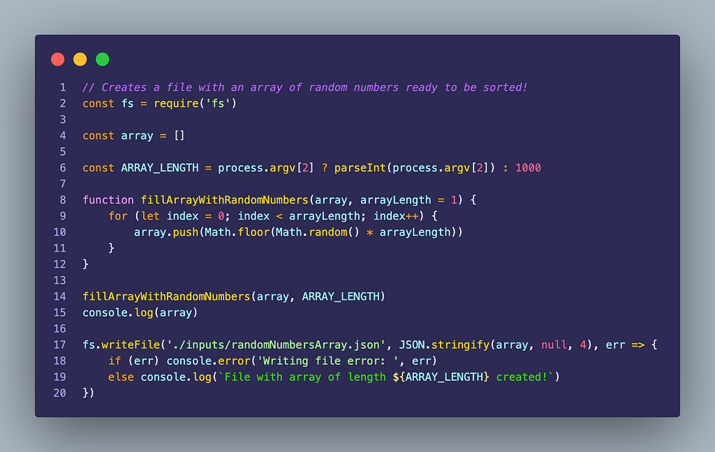 Node Js code to generate a file with an array of X length of random numbers.