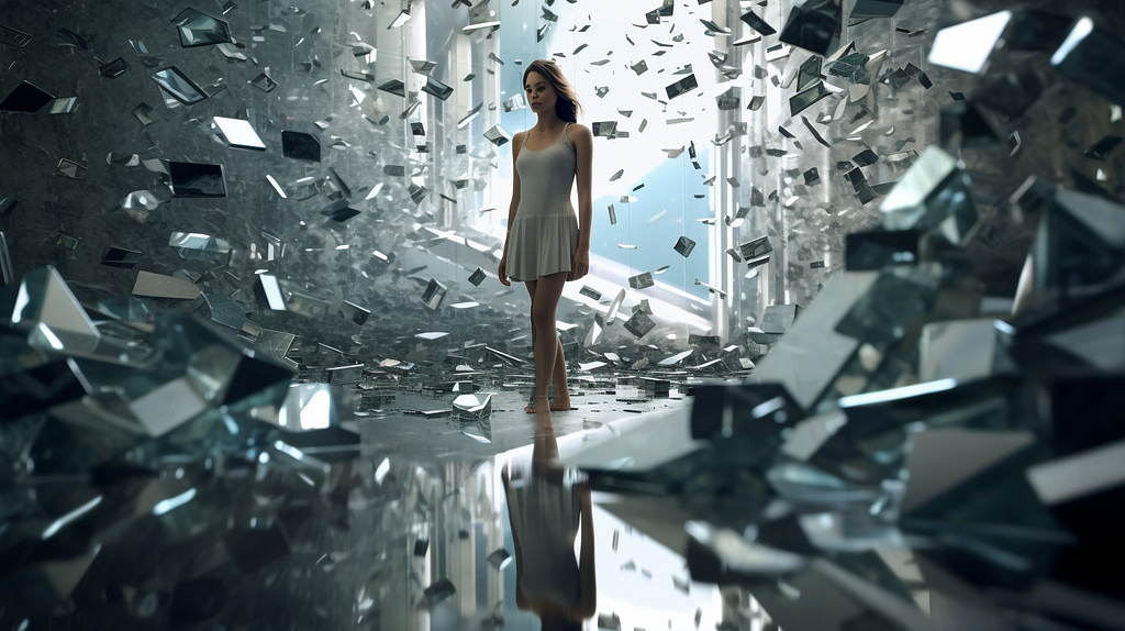 A woman walks through a dream of broken glass