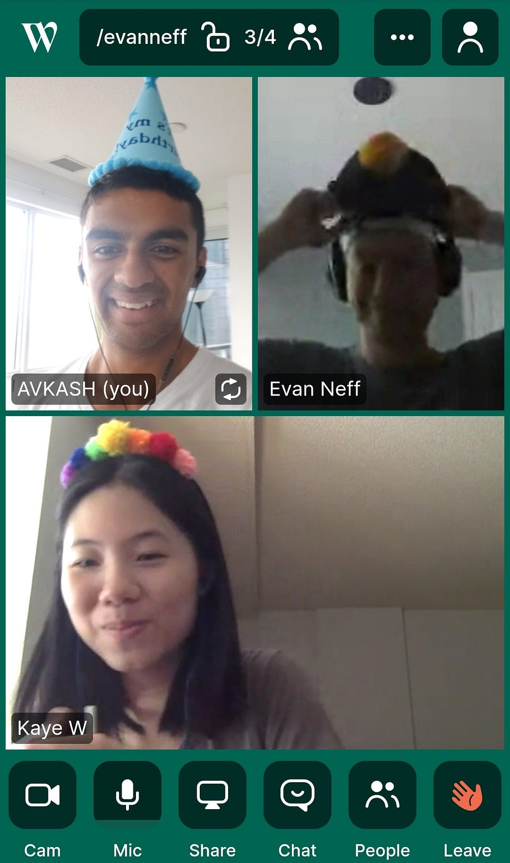 Screenshot of our morning check-in, featuring party hats and puffer fish