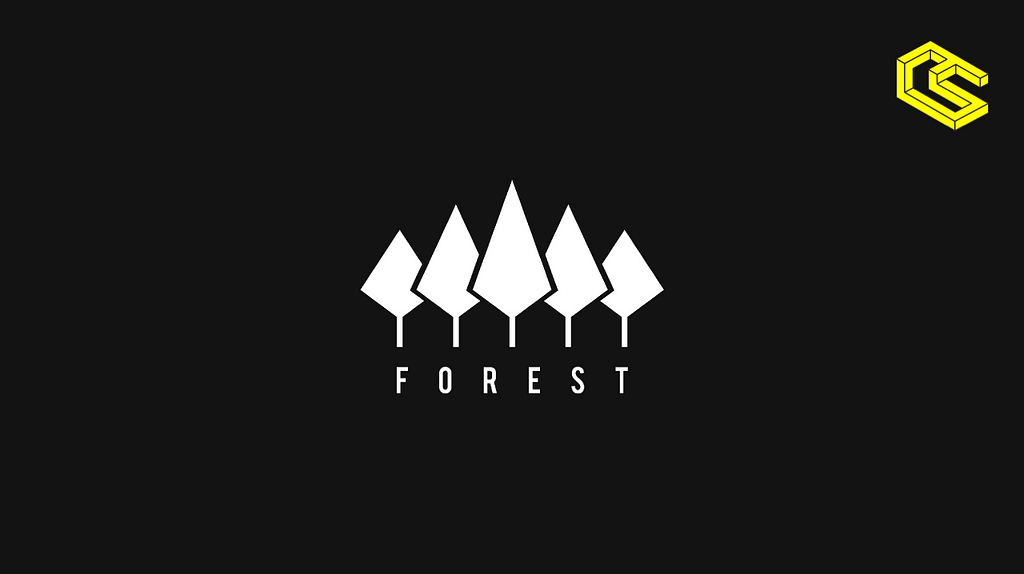 The Forest logo: five trees, subtitled with “Forest”. White image and text on a black background.