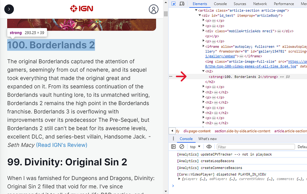 Web Scraping IGN Article : H2 Tags for Game Name