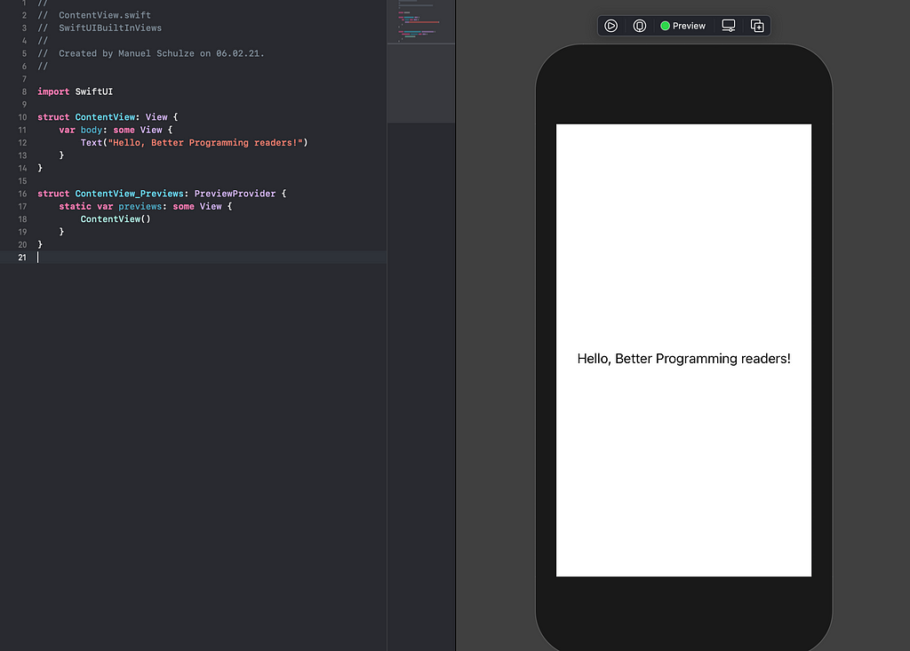 The SwiftUI Text view that contains the text ‘Hello, Better Programming readers!’ that is displayed in the preview canvas of Xcode.