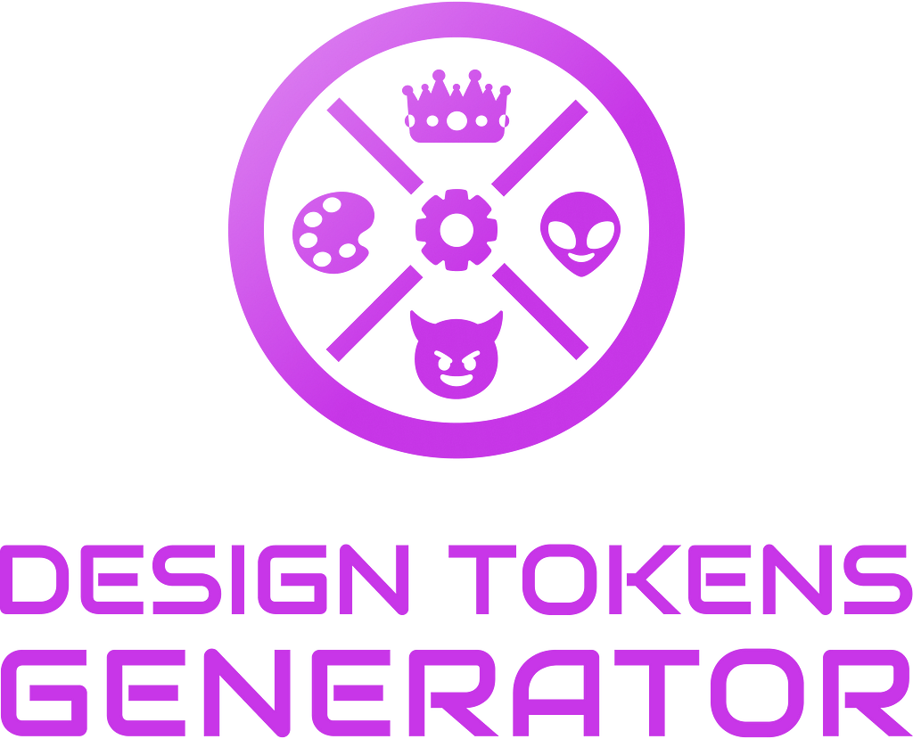 Design Tokens Generator Logo vertical centered layout, at the top there is the group of 4 icons — crown, alien, devil and palette — around a cog icon element and at the bottom there is a title