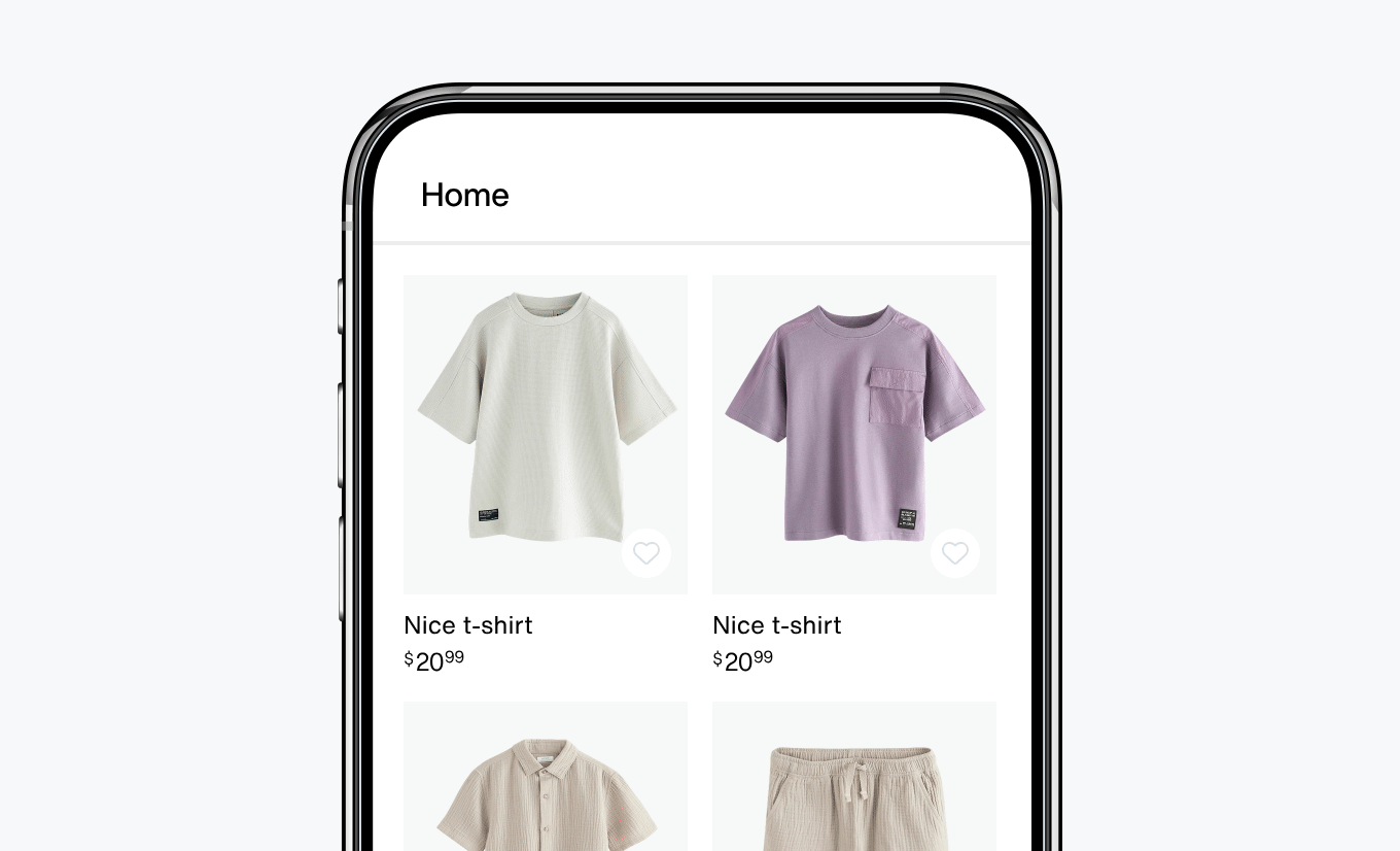 Animated GIF showing vertical scrolling through product cards, with a user tapping the heart icon to save a product to favorites.