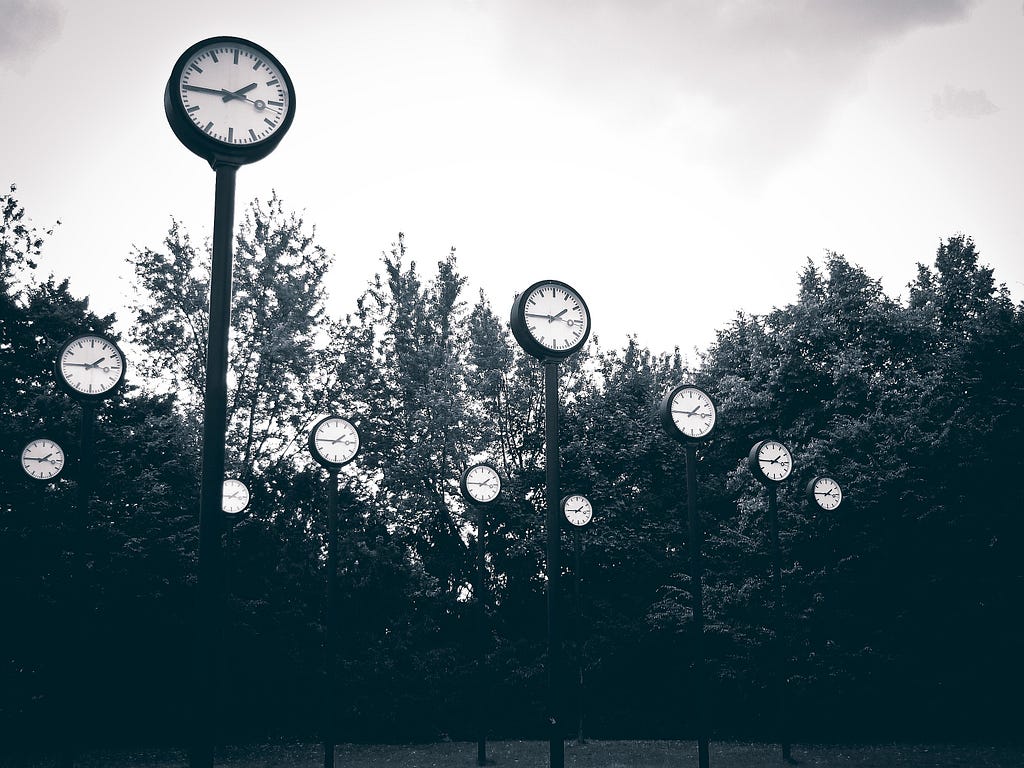 A forest of clocks on poles. Many clocks on many poles agianst the backdrop of a forest.