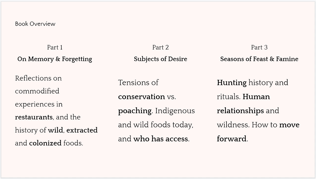 A slide with the book overview of Feasting Wild that summarizes 3 main parts of the book
