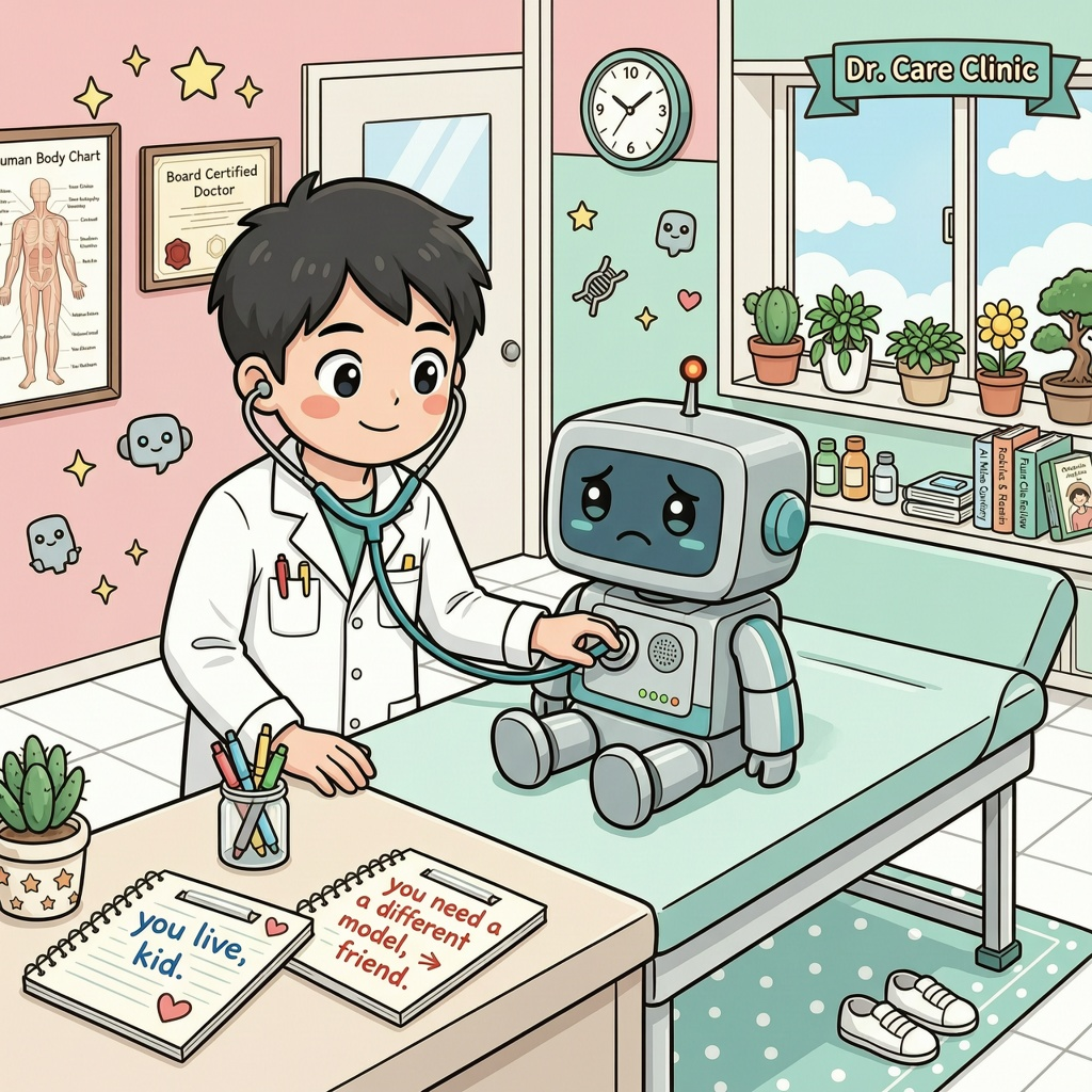 Cartoon doctor with stethoscope diagnosing a small KNN robot patient with two prescription pads