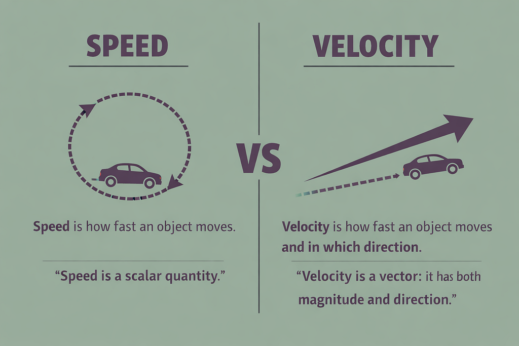 Infografía que compara velocidad y velocidad. La velocidad está representada por el auto moviéndose en círculo, representando un movimiento sin dirección. La velocidad está representada por un automóvil que se mueve en línea recta con una flecha, que indica un movimiento direccional. El texto explica que la velocidad mide qué tan rápido se mueve un objeto, mientras que la velocidad mide qué tan rápido y en qué dirección se mueve un objeto.
