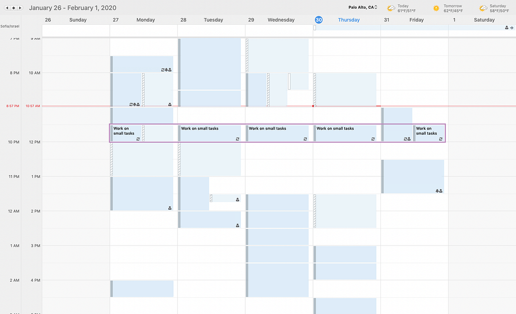 Screenshot of calendar showing 30 min of every day blocked to focus on small tasks