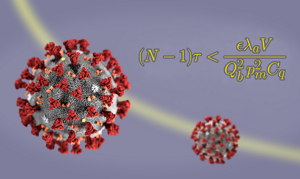 Illustration of the Covid-19 virus next to equation related to its transmission.