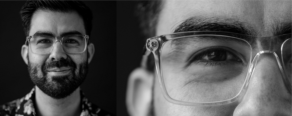 portrait of Hector, man with beard and glasses. Right side of the image is a close up of his eye and glasses.
