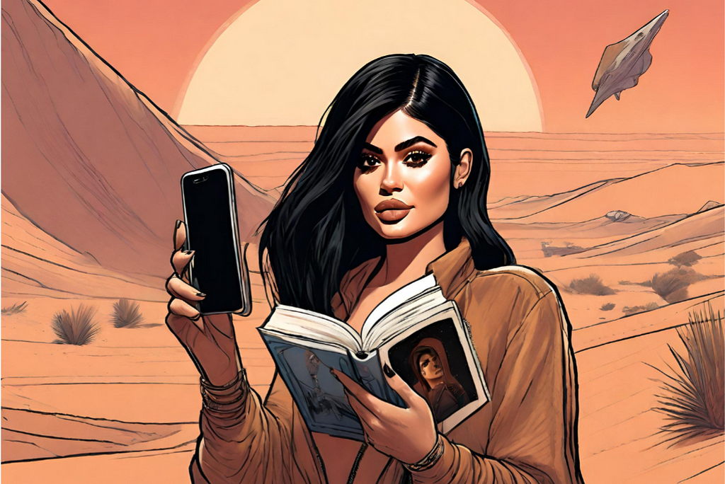 An AI generated image of Kylie Jenner on the desert planet of Arrakis. She holds a book in one hand and her smartphone in the other. There is a reddish sky with a setting sun behind her and sand all around her. In the distance, we see what appears to be a landing space ship.