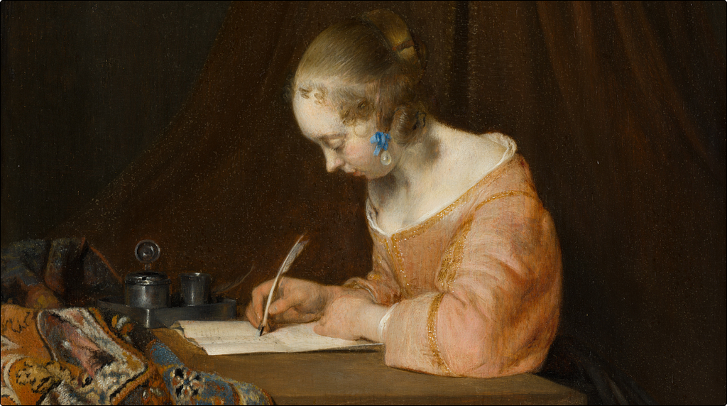 Oil painting of a young woman in a pink dress seated at a table, bent over a sheet of paper, writing with a quill pen. An inkwell sits beside her. Her expression is focused and inward, entirely absorbed in the act of writing. The background is dark, drawing attention to the light falling across her face and hands.