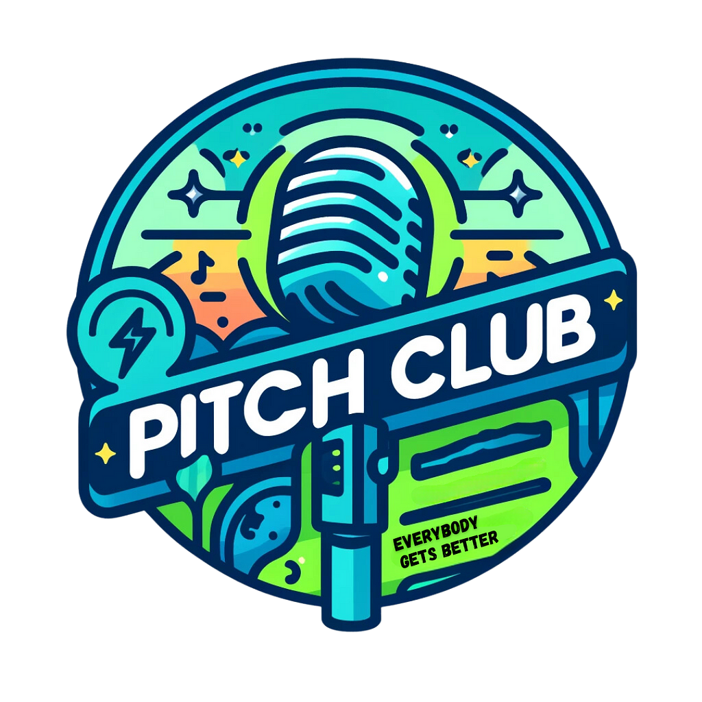 The Pitch Club logo is circular and all greens and blues. A green and blue sky in the background with clouds and stars, and in the foreground an old-fashioned grilled microphone rests on top of a stand. On top of that is a section of sans serif type in white that says “Pitch Club”. Beneath in small print is “Everybody gets better”.