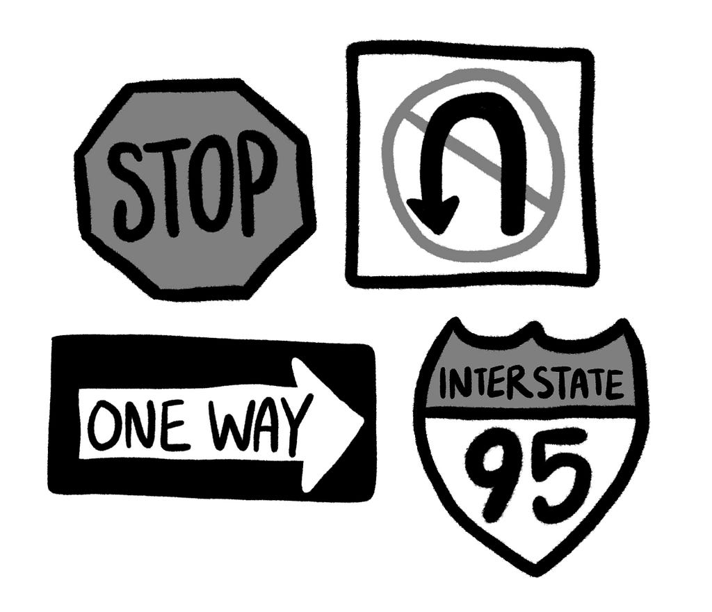 Illustration of road signs for stop, no u-turn, one way, and interstate 95.