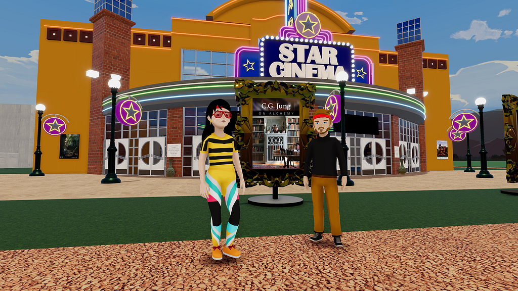 Sara Ferro and Chris Weil in front of the Star Cinema in Decentraland